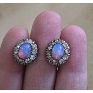 Vintage Vargas Screw Back Earrings Opal & Clear Gem Oval